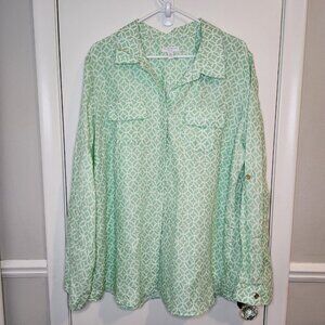 Charter Club Women's Size 3X Green Patterned Linen Button-Up